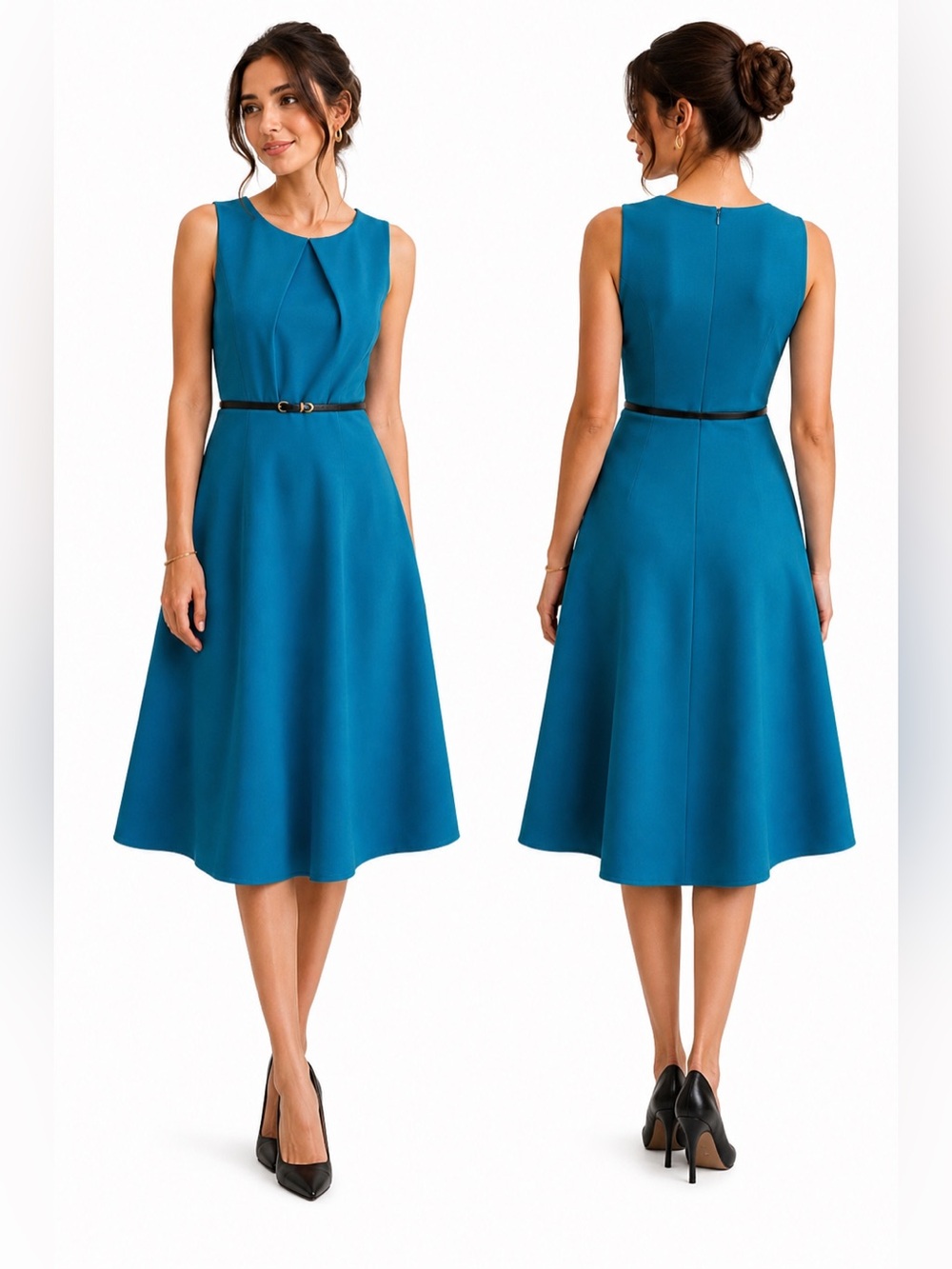 Alyx Teal Sleeveless Fit & Flare Midi Dress with Belt